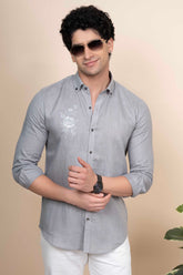 Reed Grey Pure Linen Shirt Embroidery